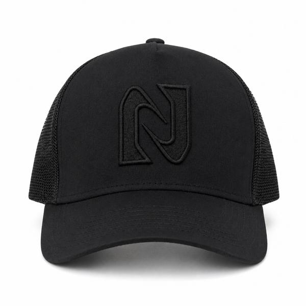 Black trucker cap with a logo on a white background