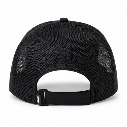 Black mesh cap with a white interior on a white background