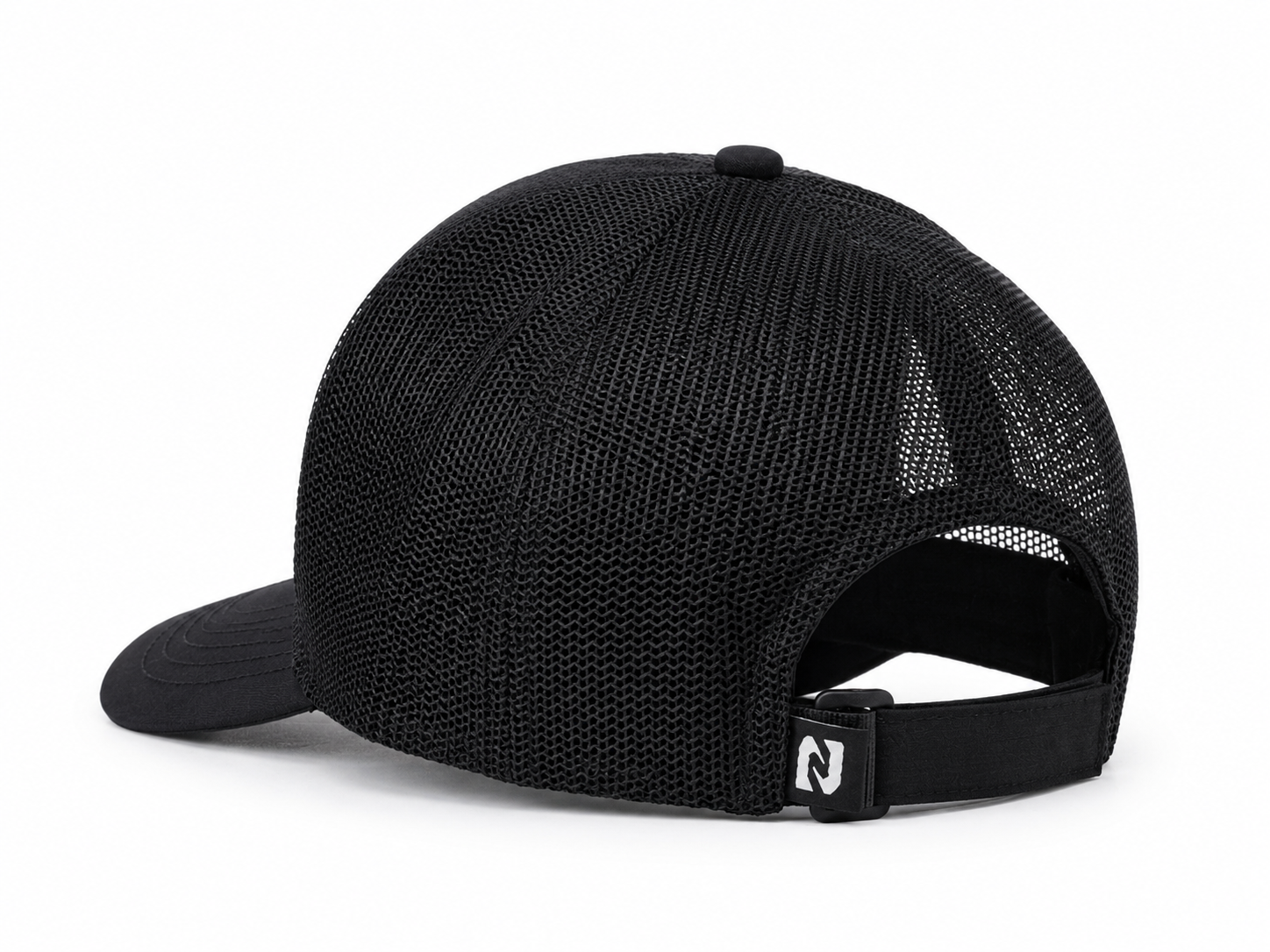 Black mesh cap with a brand logo on a white background
