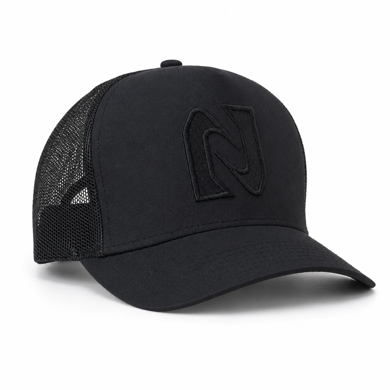 Black cap with a mesh back on a white background