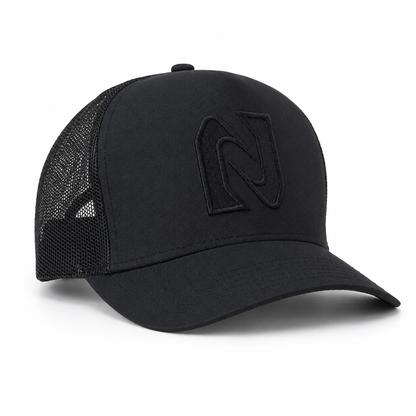 Black cap with a mesh back on a white background