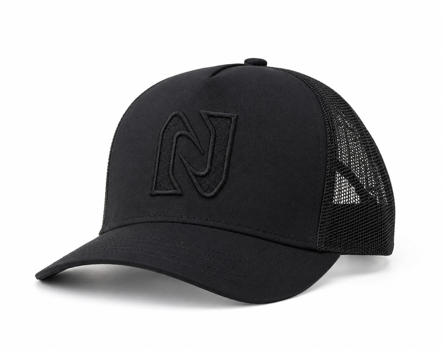 Black trucker cap with a logo on a white background