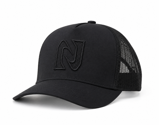 Black trucker cap with a logo on a white background