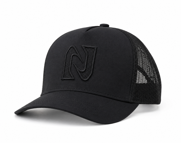Black trucker cap with a logo on a white background