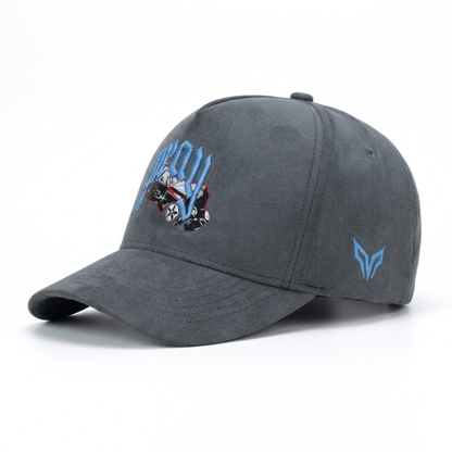 Gray cap with embroidered design on a white background