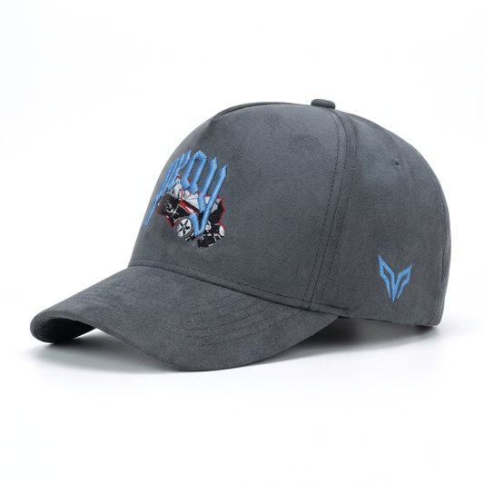 Gray cap with embroidered design on a white background