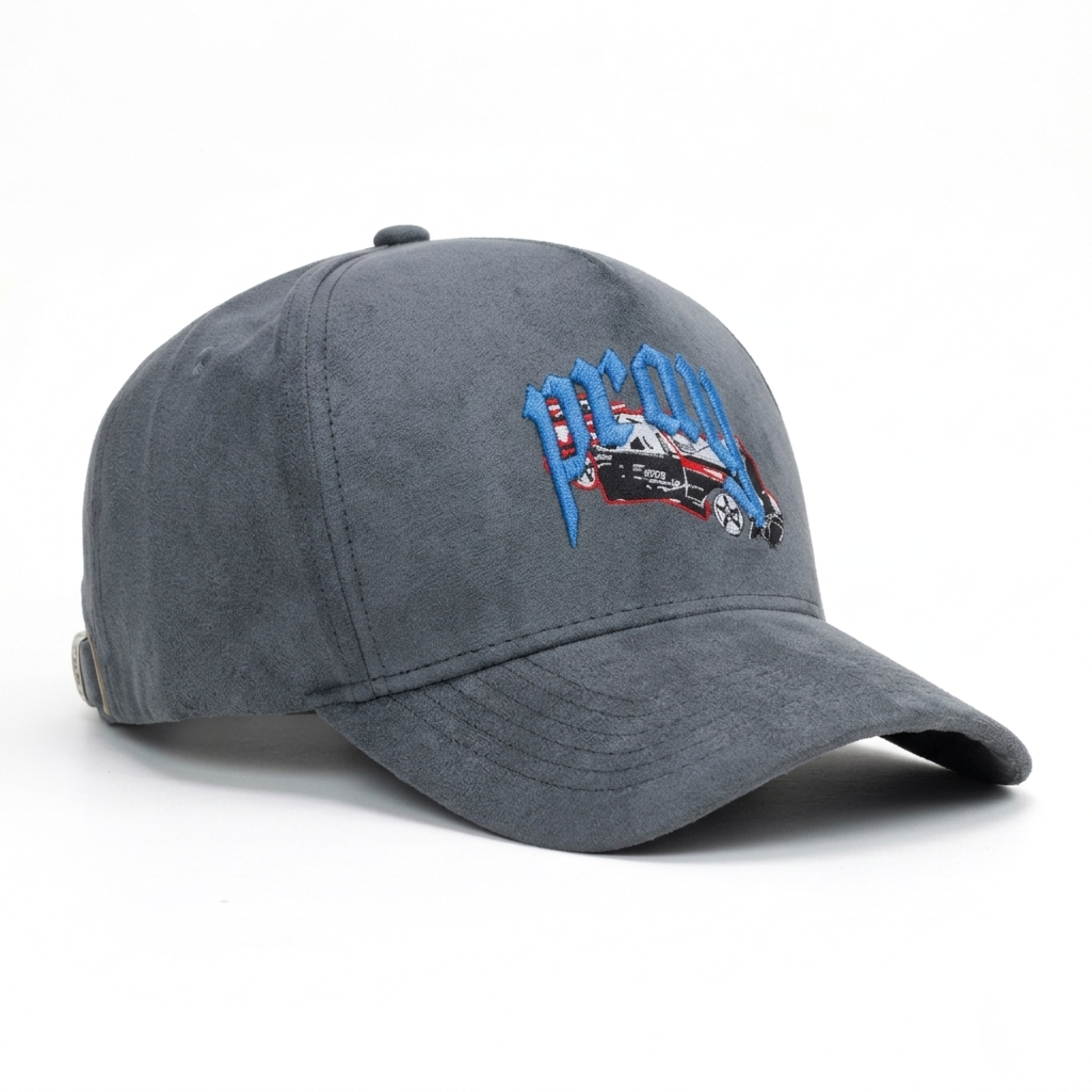 Gray cap with embroidered design on a white background