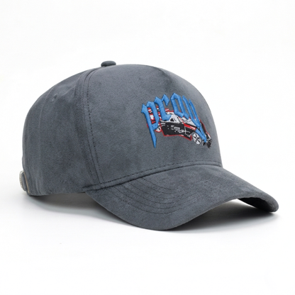Gray cap with embroidered design on a white background