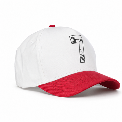 White and red cap with a logo on a white background