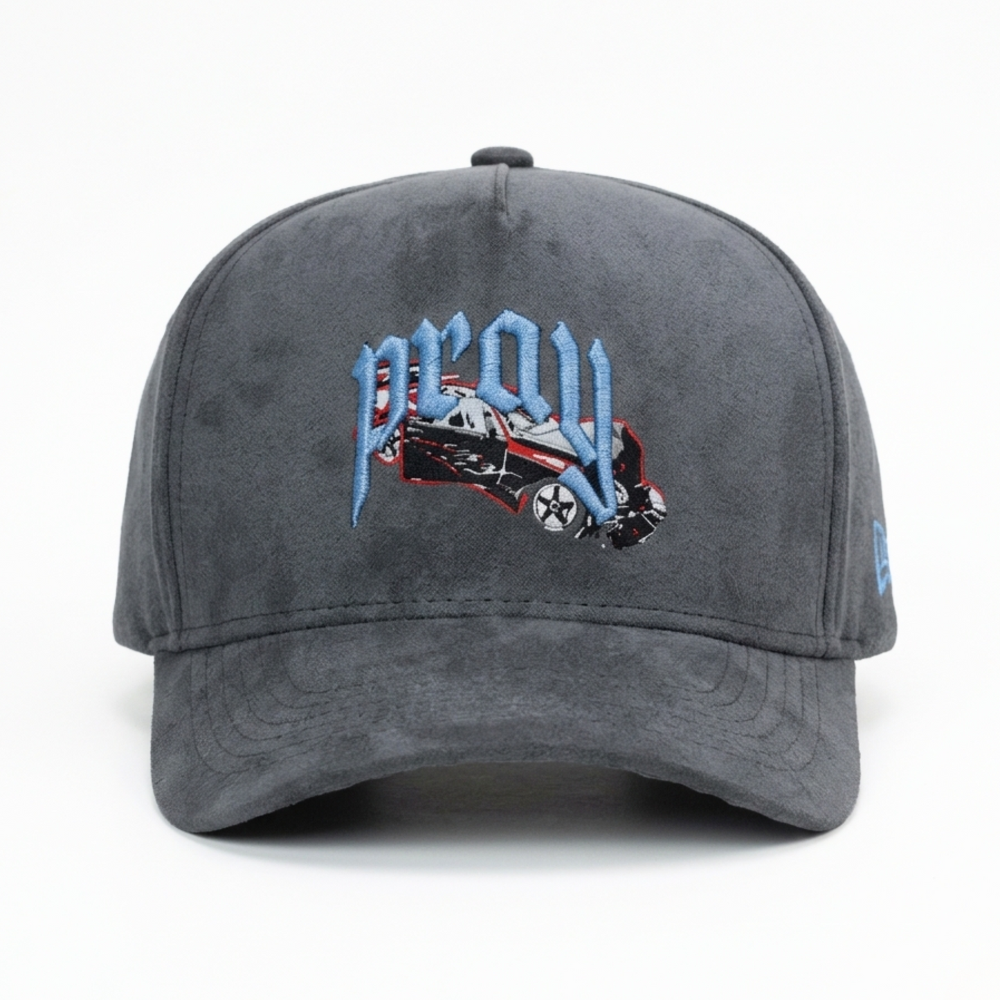 Gray cap with embroidered design on a white background