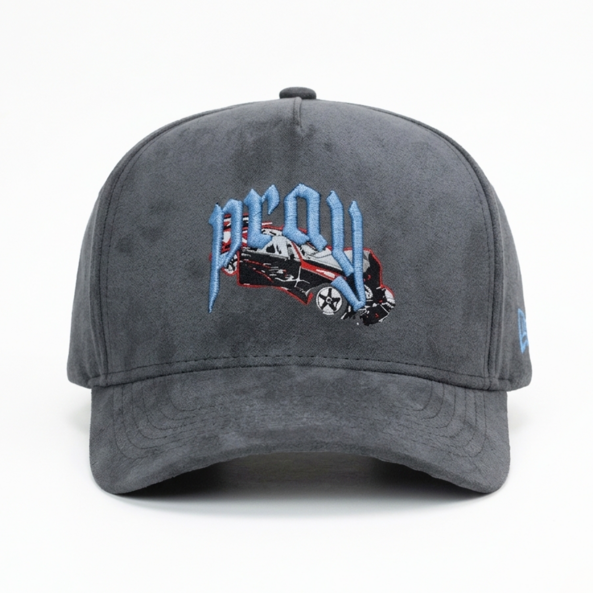 Gray cap with embroidered design on a white background