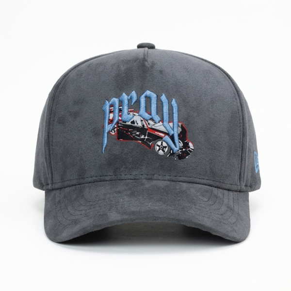 Gray cap with embroidered design on a white background