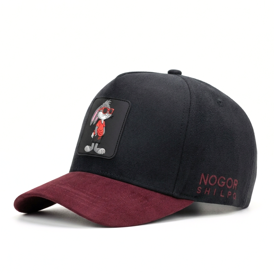 Black and red baseball cap with a patch and brand name on a white background